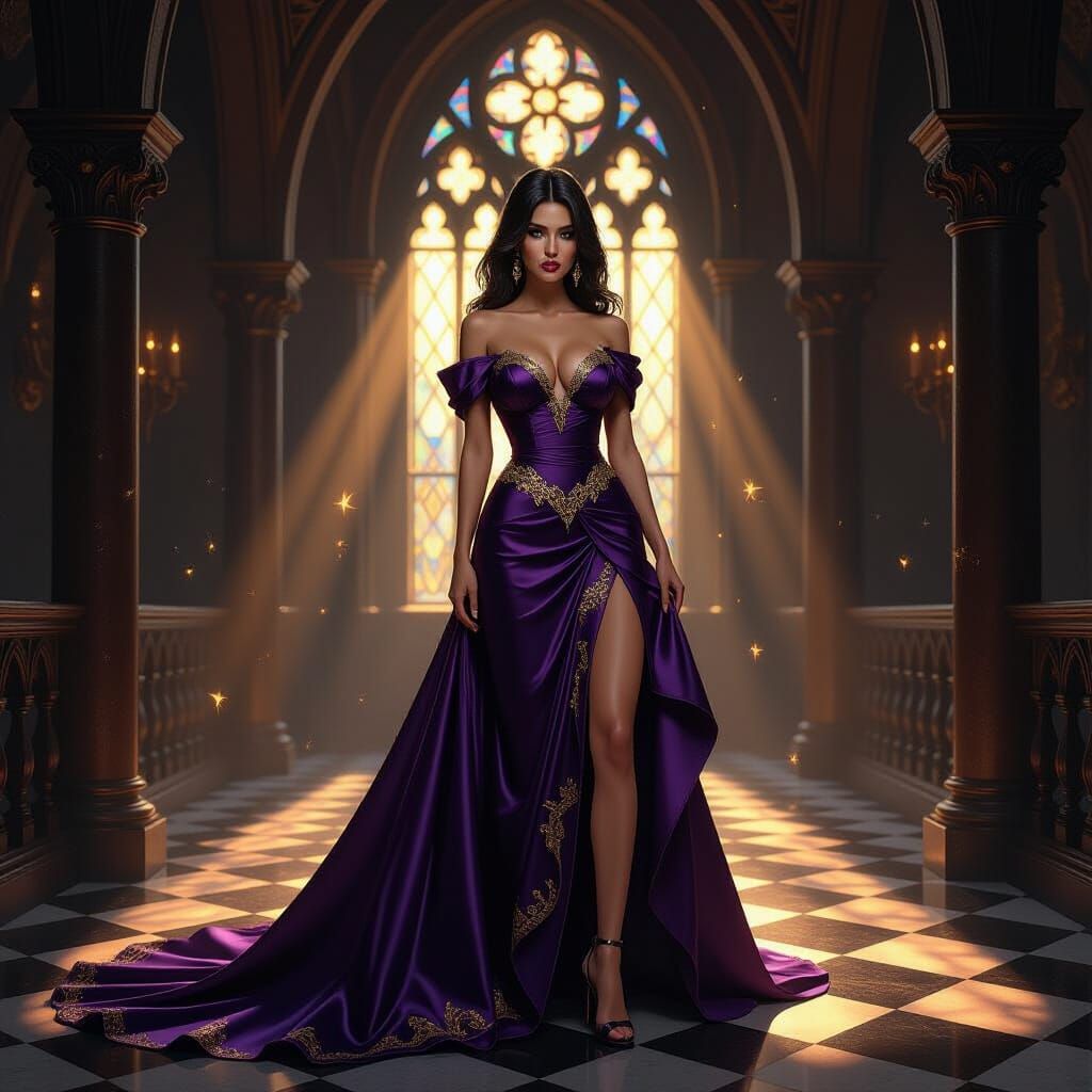 Gothic Castle Femme Fatale in Purple and Gold Gown