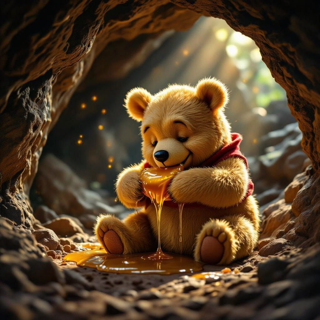 Photorealistic Winnie the Pooh Eating Honey in Cave