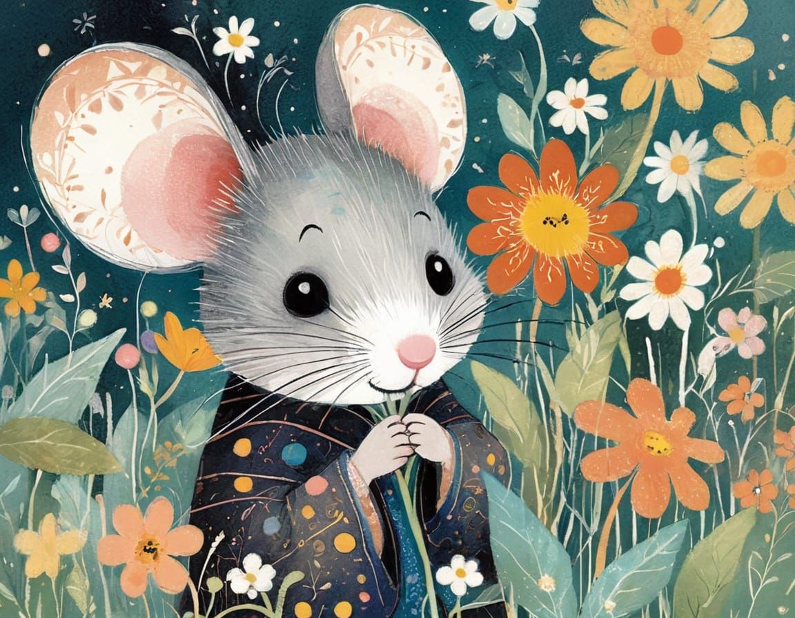 Whimsical Mouse in Garden: Cute Folk Art Illustration
