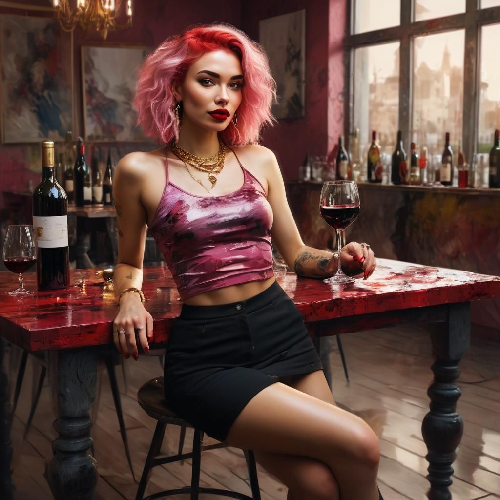 Stunning Woman with Wine: Digital Art Portrait