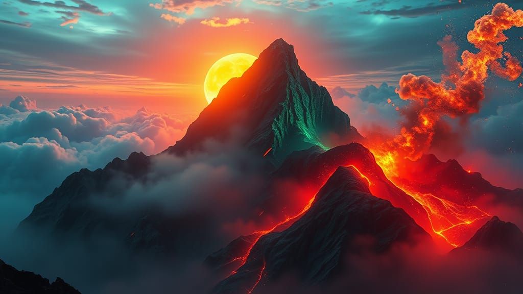 Ethereal Mountain Landscape with Glowing Fractal Veins and R...