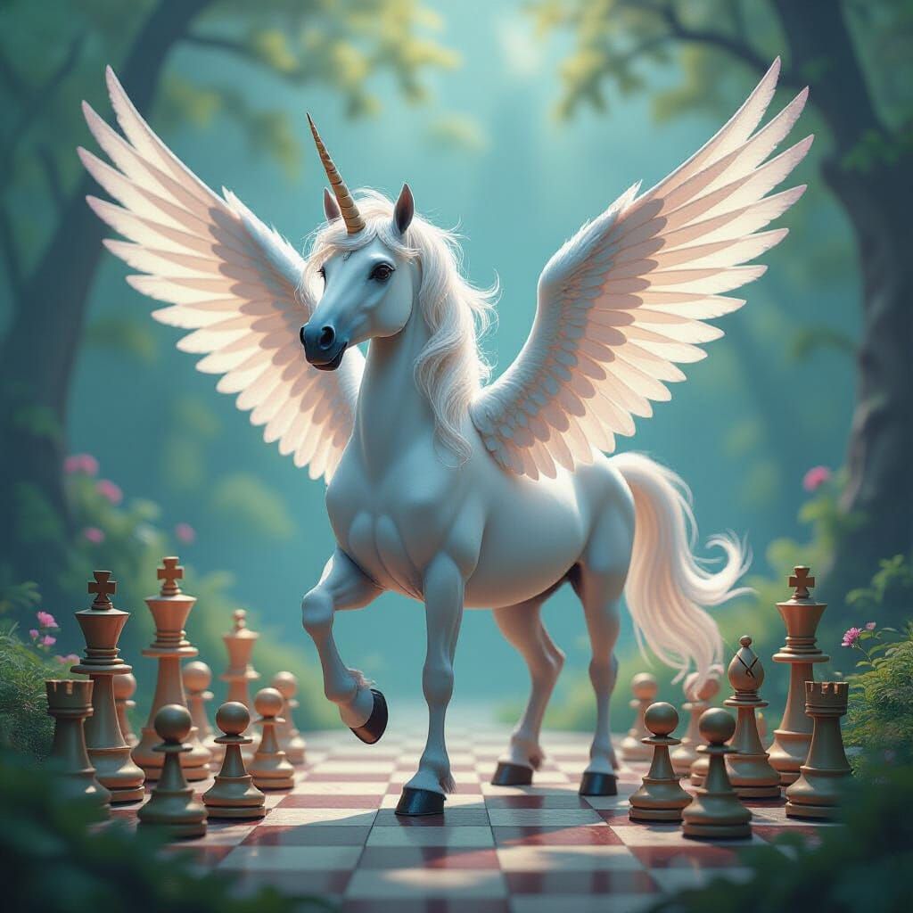Winged Unicorn with Chess Pieces in Whimsical Style