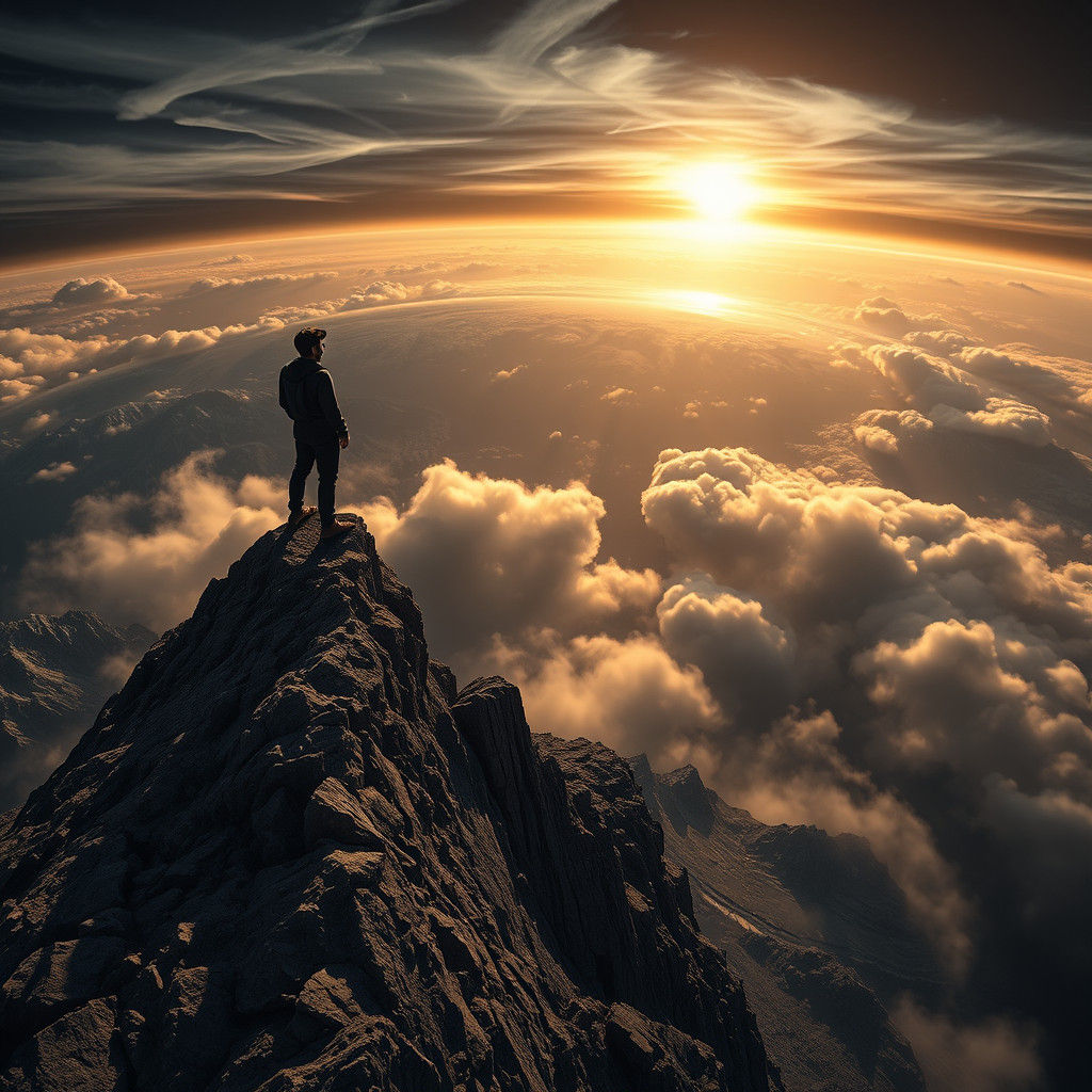 Figure at Mountain Peak's Edge in HDR