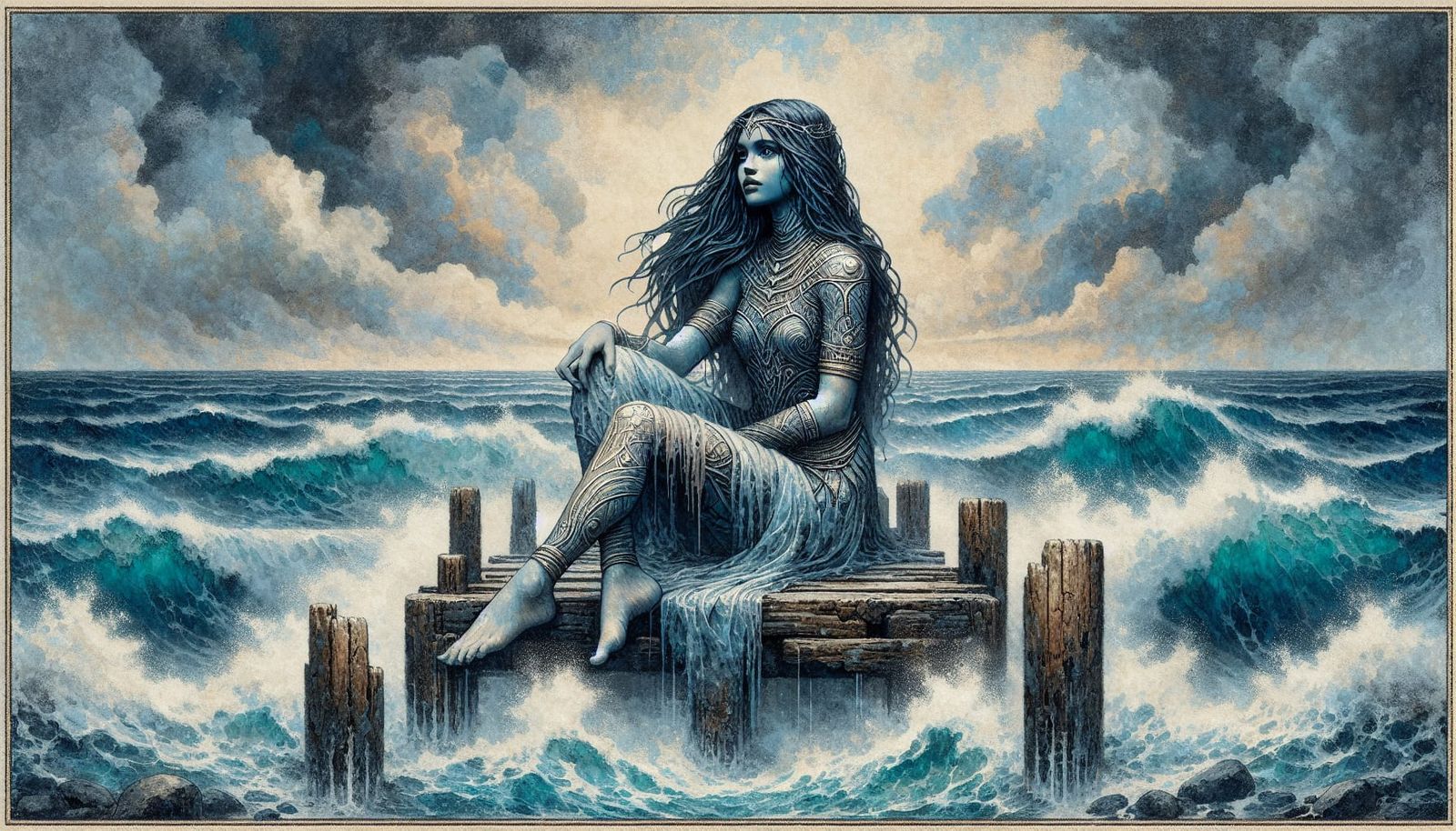 Norse Goddess on Pier in Oil Painting Style