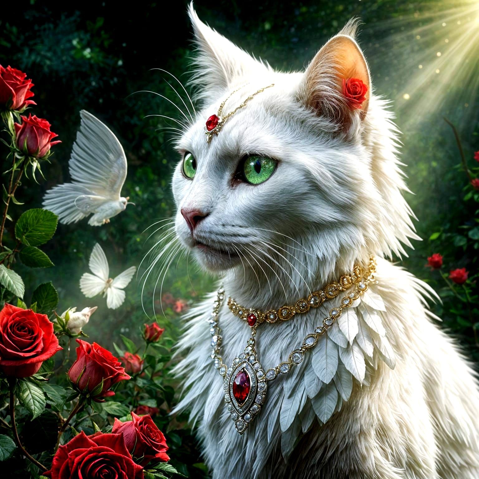 Ethereal White Cat with Wings, Roses, and Diamond Necklace
