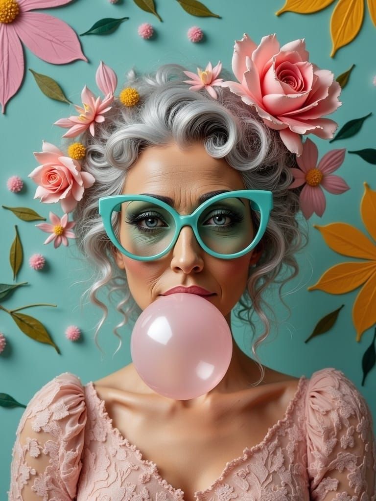 Elegant Elderly Woman in Whimsical Art Deco Dreamscape