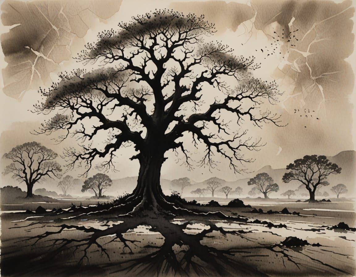 Monochrome Oak Tree in Sumi-e Style