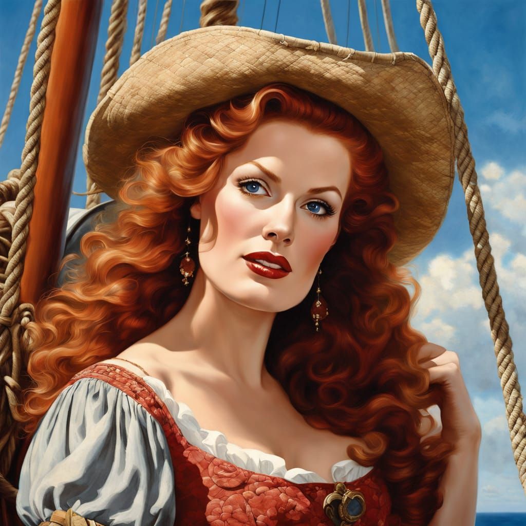 Beautiful Pirate with Red Hair, Oil Painting