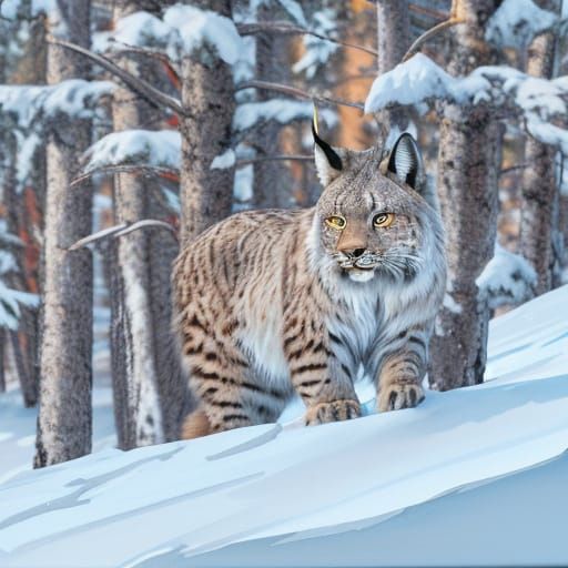 A Canadian Lynx perched on a snowbank in a boreal forest in the Yukon outside Whitehorse. Alcohol ink painting.