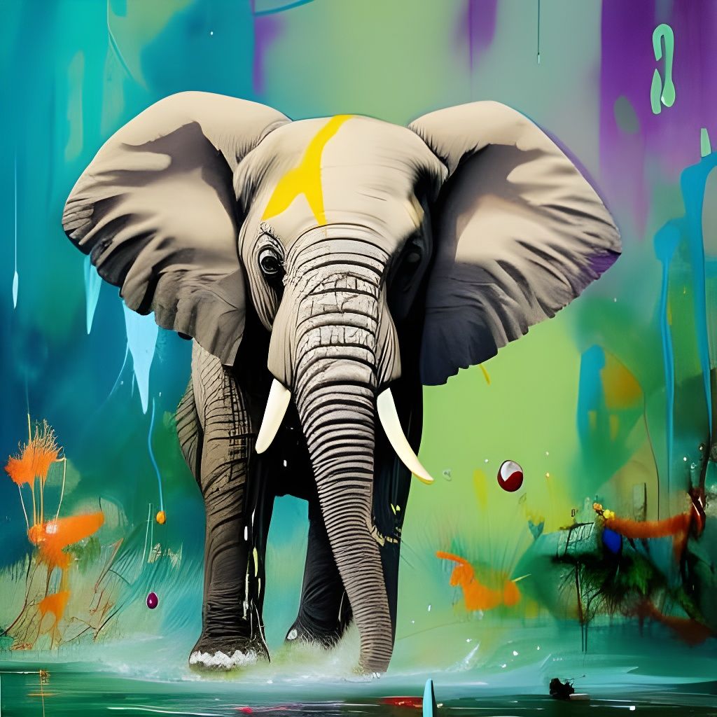 Playful Baby Elephant Splashing in Graffiti Art