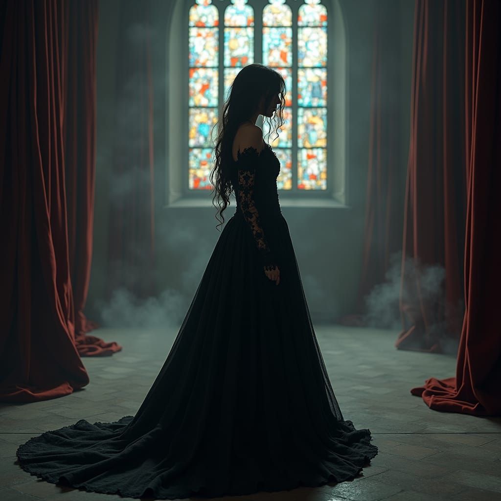 Gothic Woman in Cathedral with Stained Glass