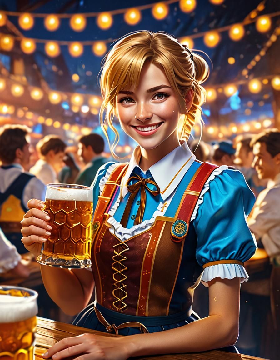 Smiling Bavarian Waitress at Oktoberfest in Anime Style