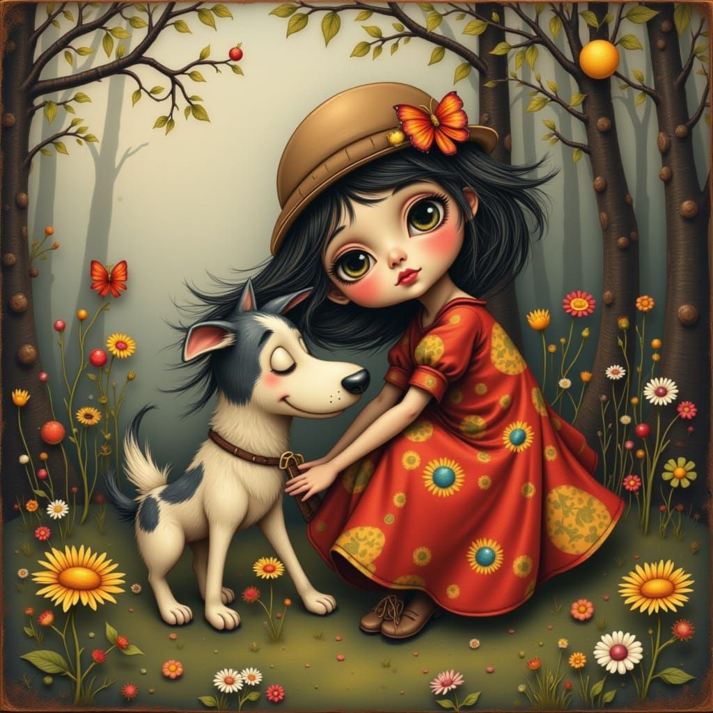 Whimsical Girl and Dog in Playful Scene