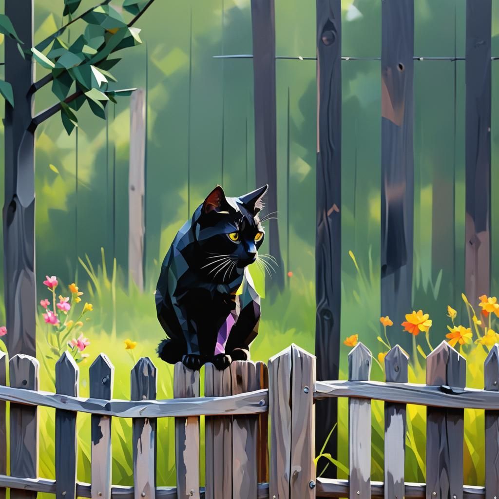 Low Poly Black Cat on a Fence