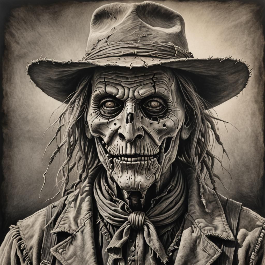 Old West Scarecrow Portrait in Charcoal