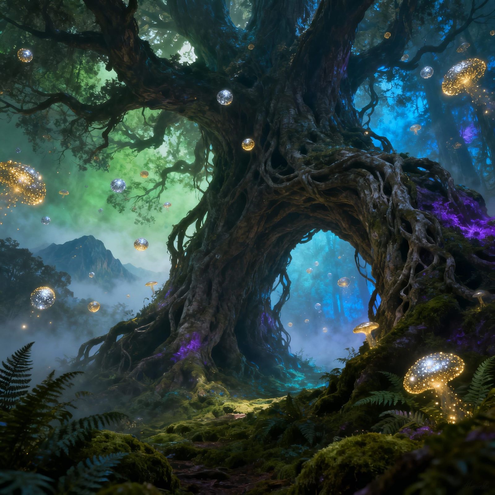 Ancient Tree Archways in Misty Primordial Forest