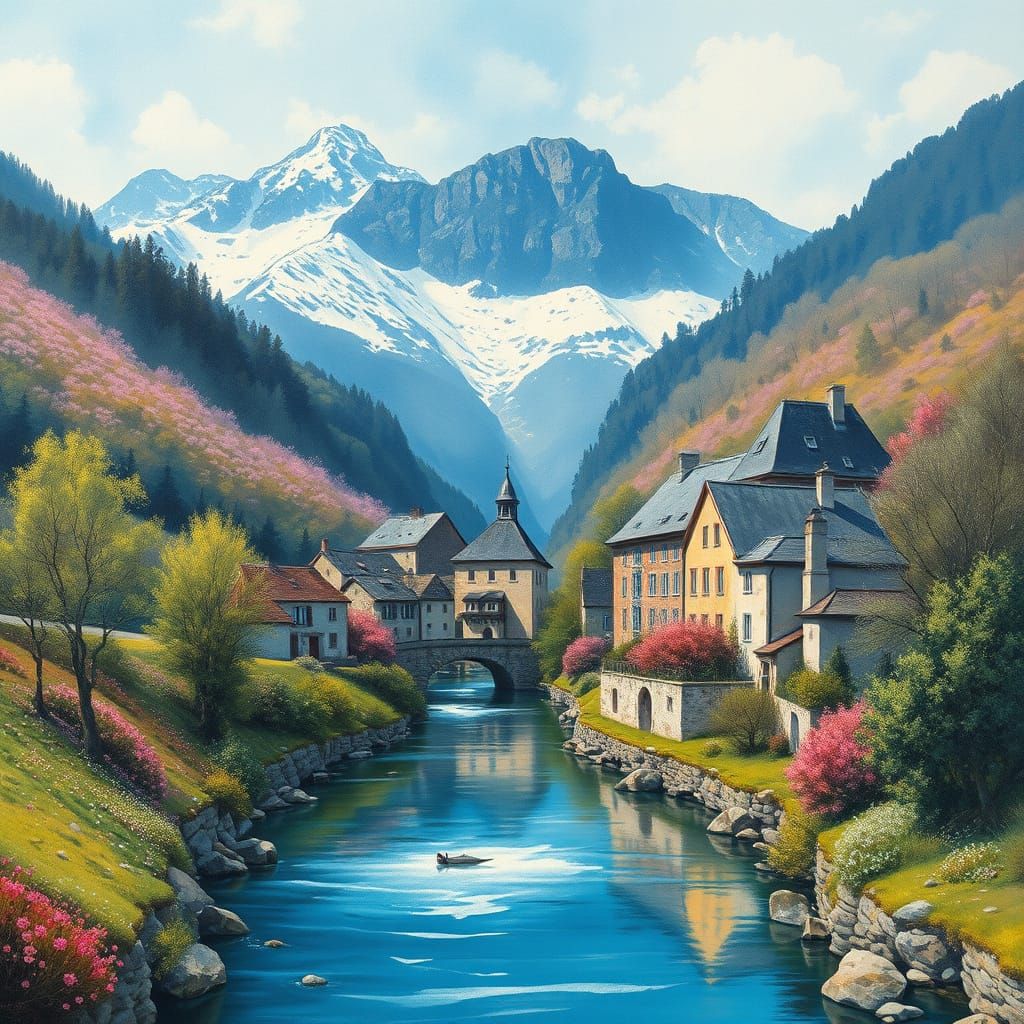 French Village Blooms in Springtime Splendor, Painted in Epi...
