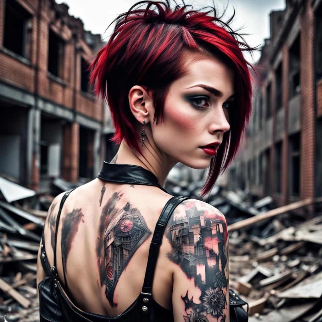 Punk Girl with Tattoos in Collapsed City, HDR