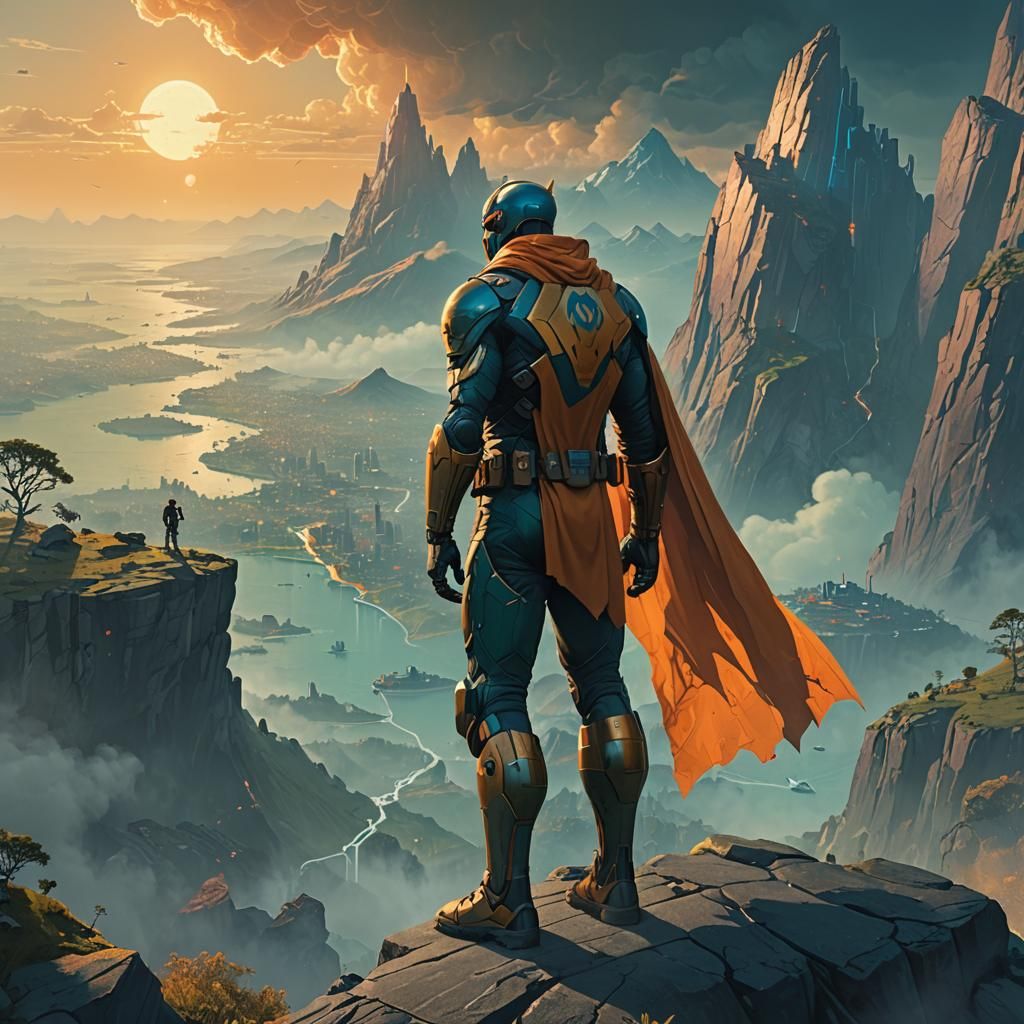Superhero Overlooking World Map in Cinematic Style