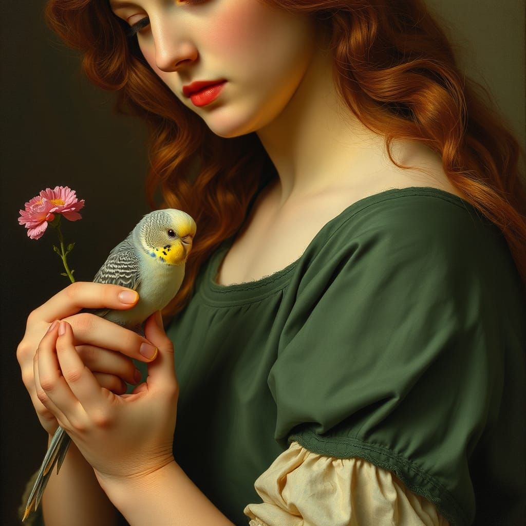 Woman with Budgie in Pre-Raphaelite Style