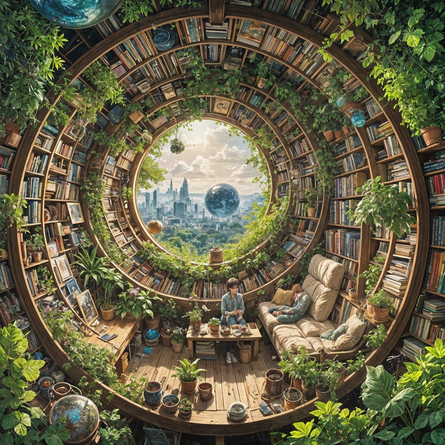 Sunlit Anime Living Room With Lush Green Plants