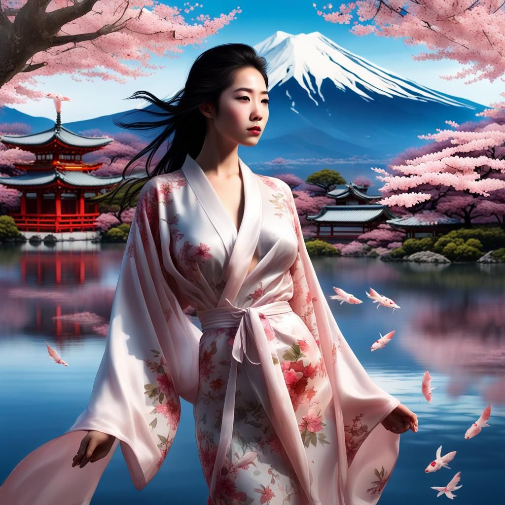 Asian Woman in Silk Robe with Cherry Blossoms
