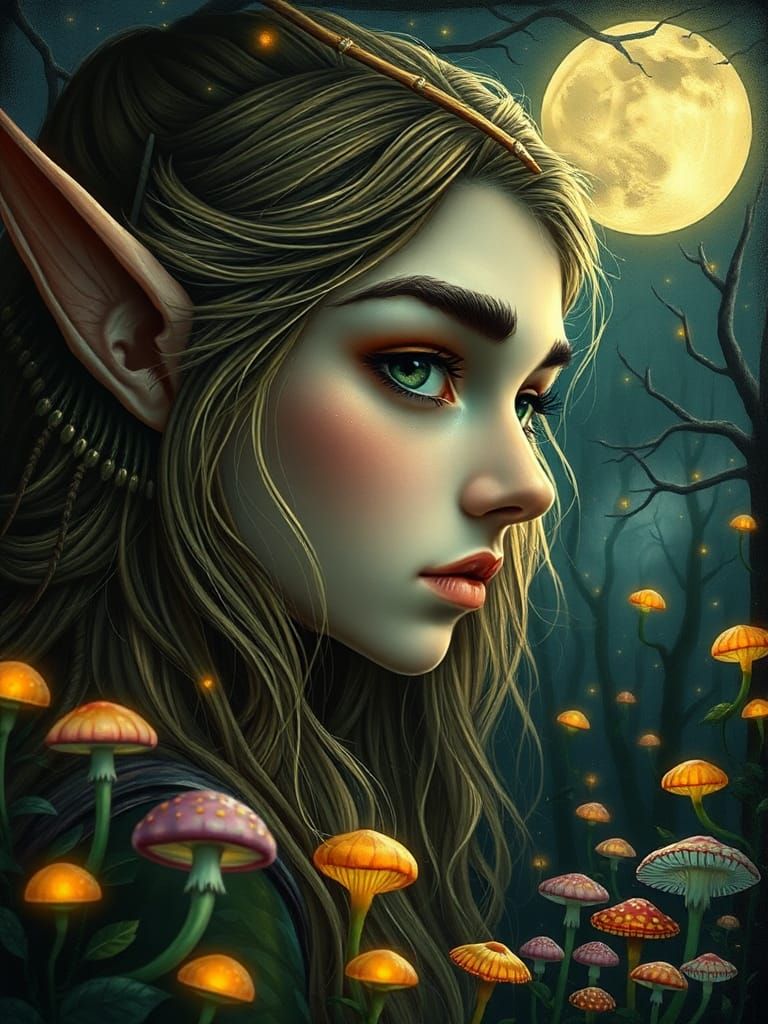 Ethereal Elven Portrait in Bioluminescent Forest