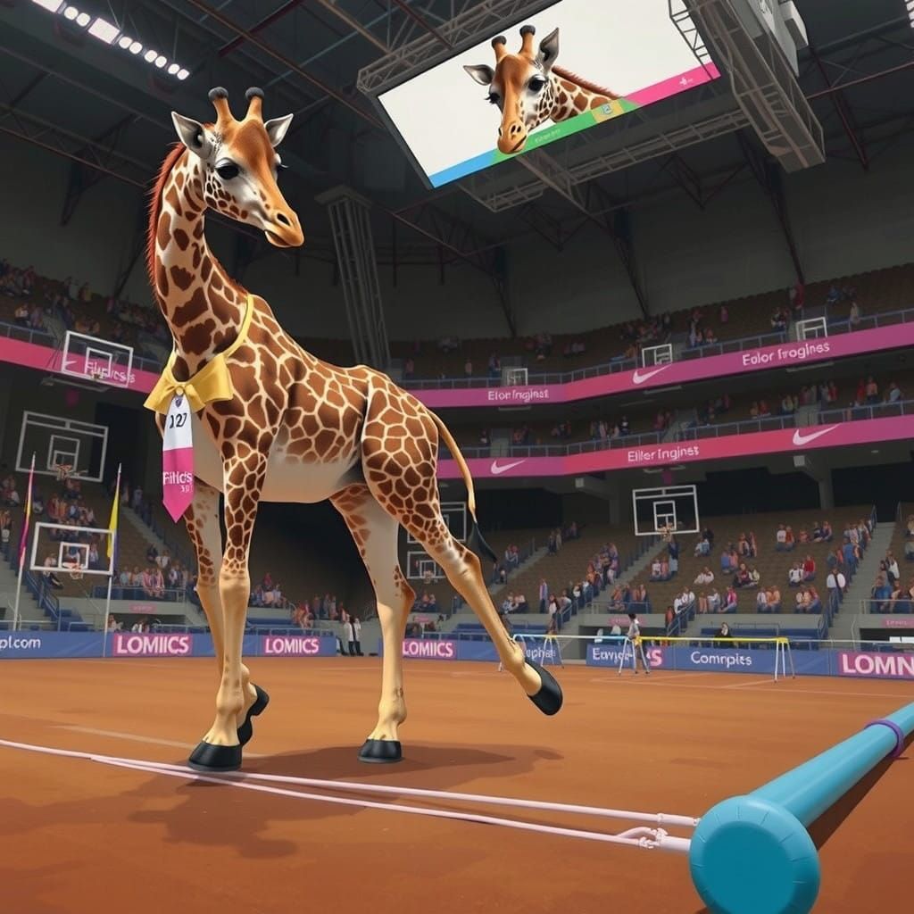 Giraffe in Whimsical Gymnastics Arena