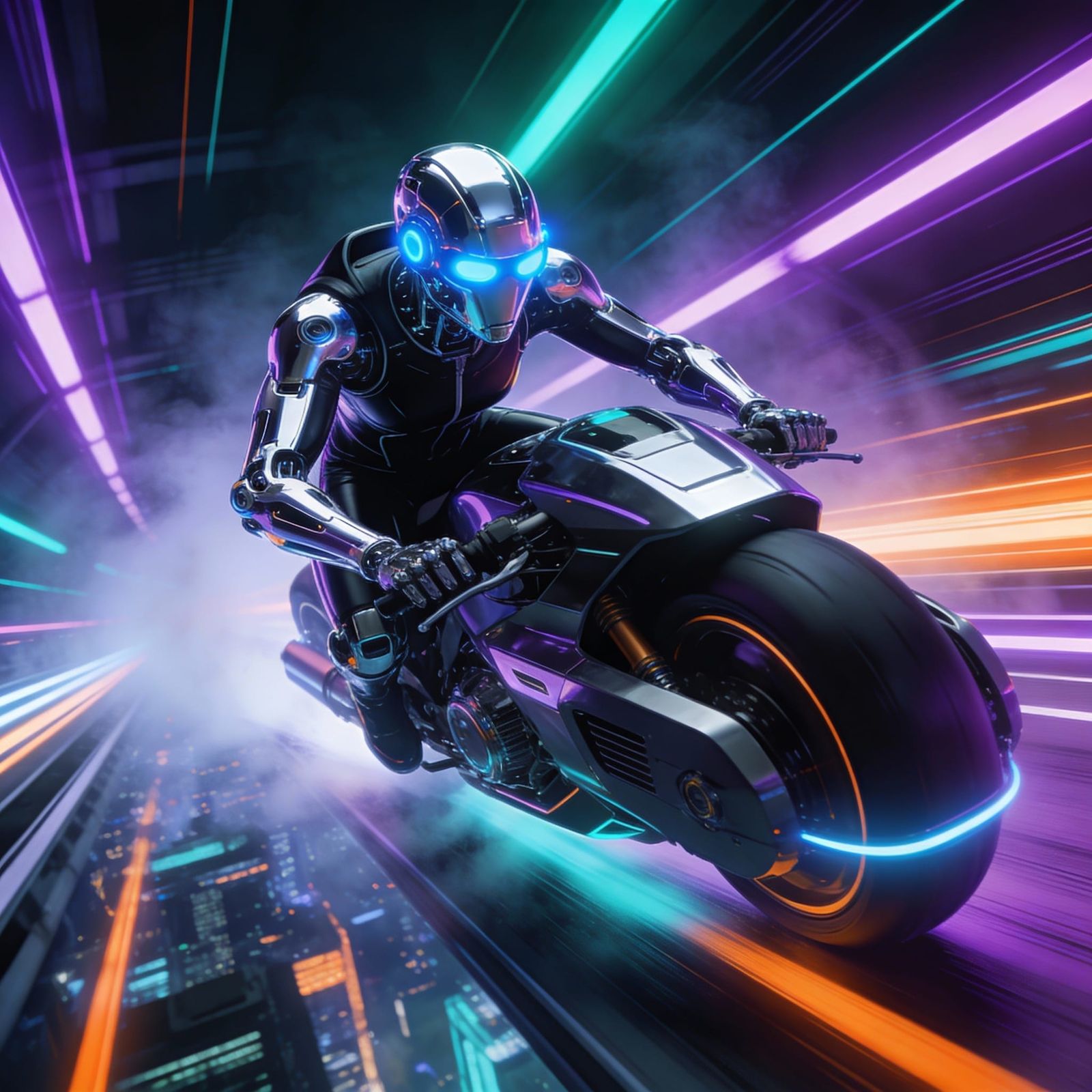 Robotic android on a motorbike racing along a high tech highway
