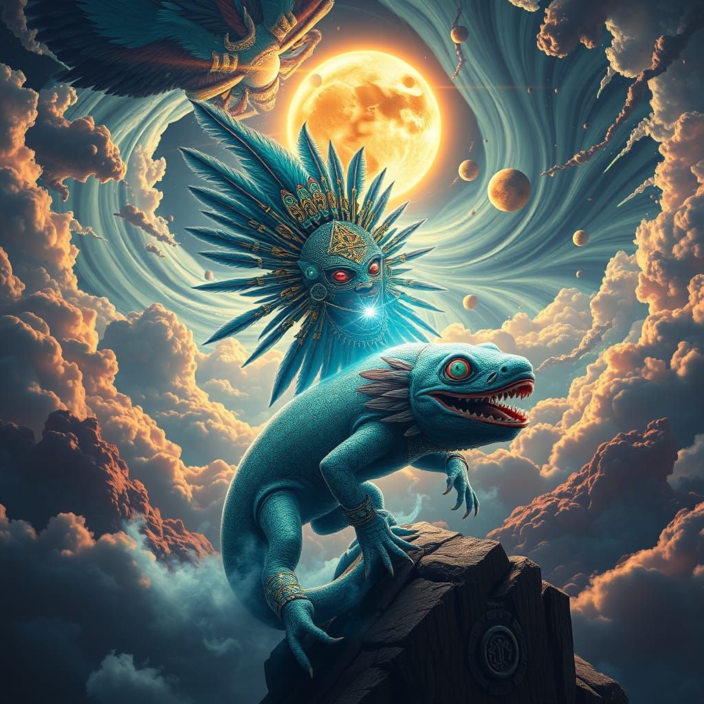 Aztec God Xólotl Transforms into Axolotl in Cosmic Vortex