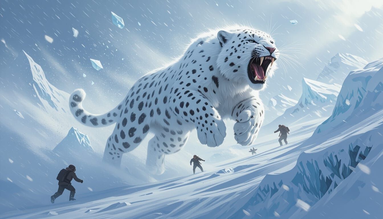 Albino Leopard Soars Through Blizzard in Dynamic Motion
