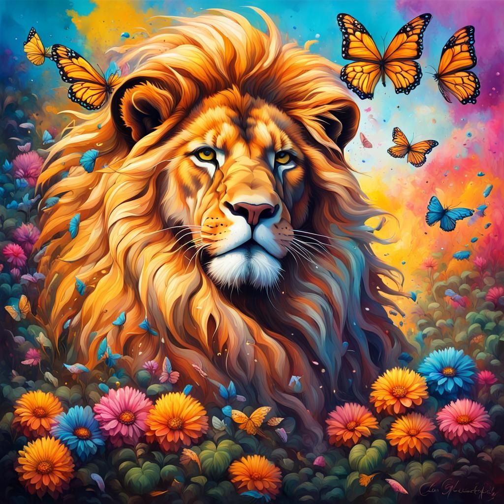 Lion in Floral Graffiti Landscape with Butterflies