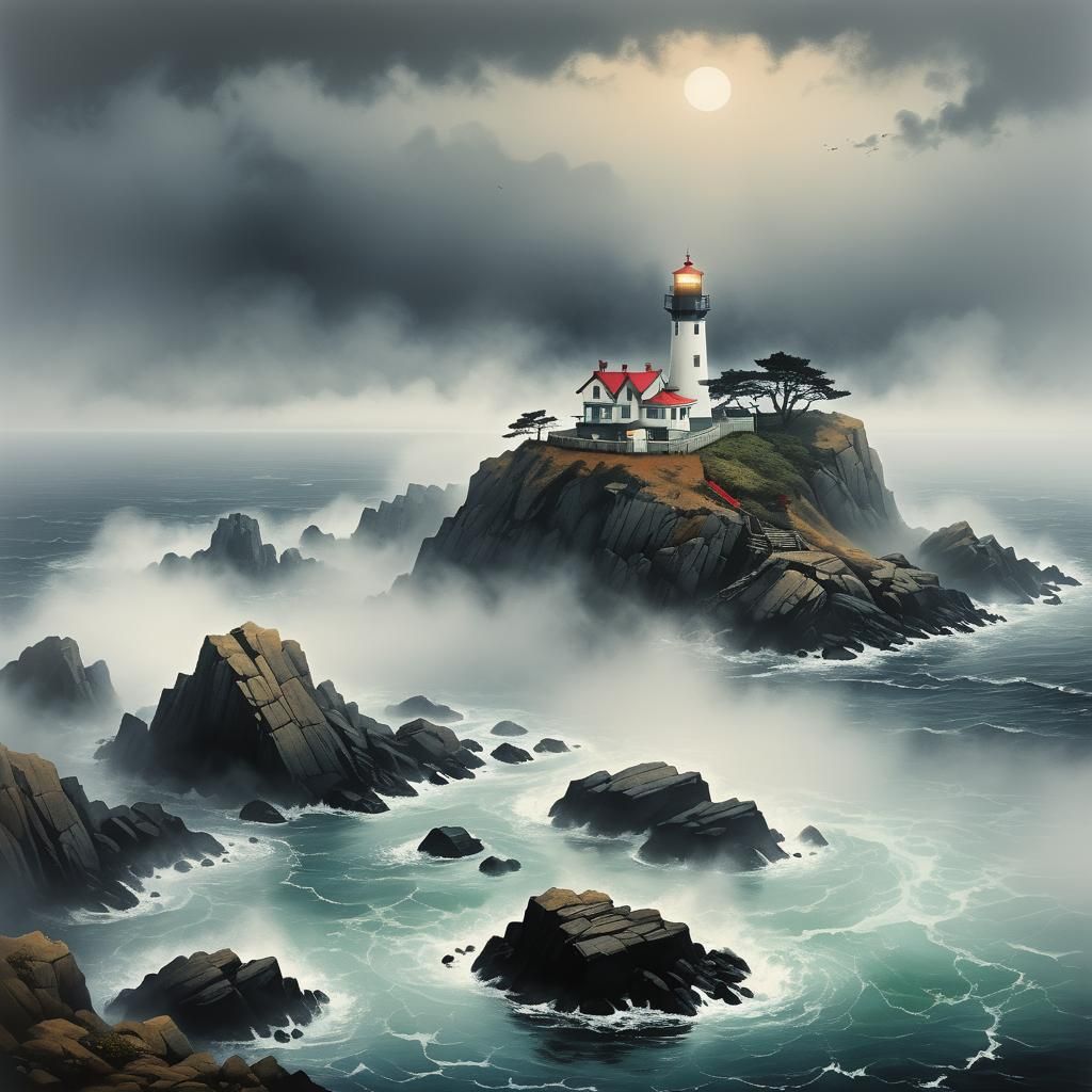 Eerie Lighthouse in Dense Fog: Shin Hanga Style