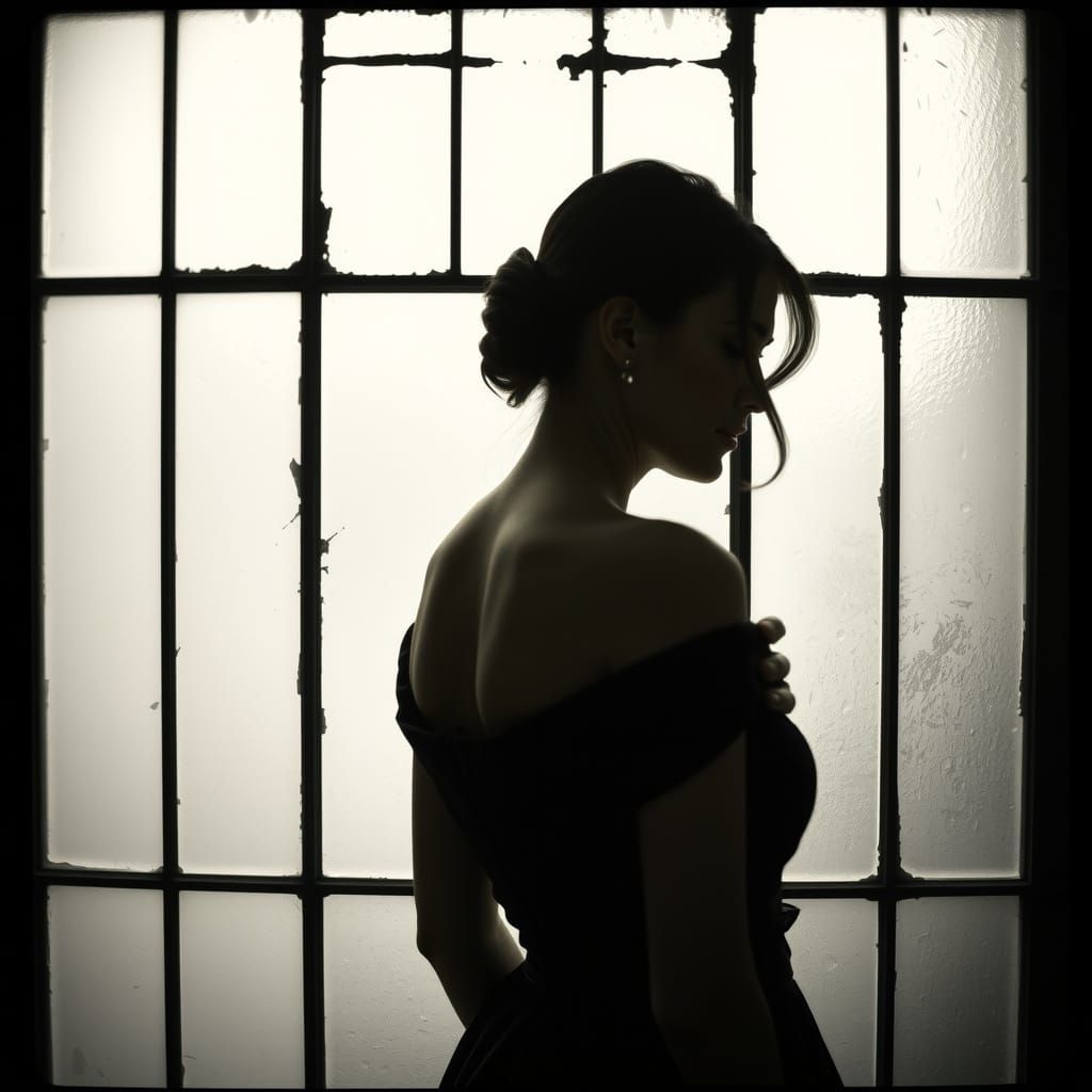 Woman Silhouetted Behind Antique Glass Window