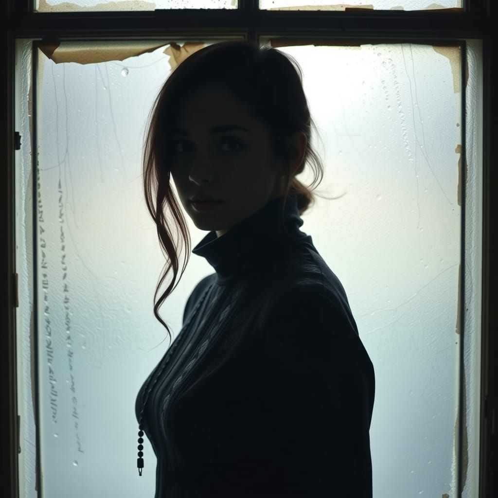 Veiled Woman Behind Antique Window in Atmospheric Lighting