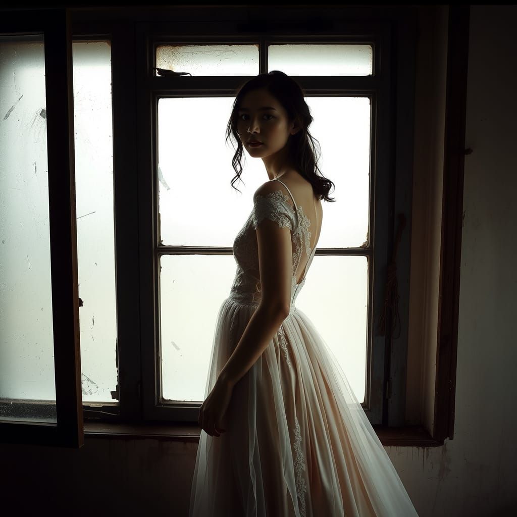 Veiled Woman Behind Antique Window in Vintage Style