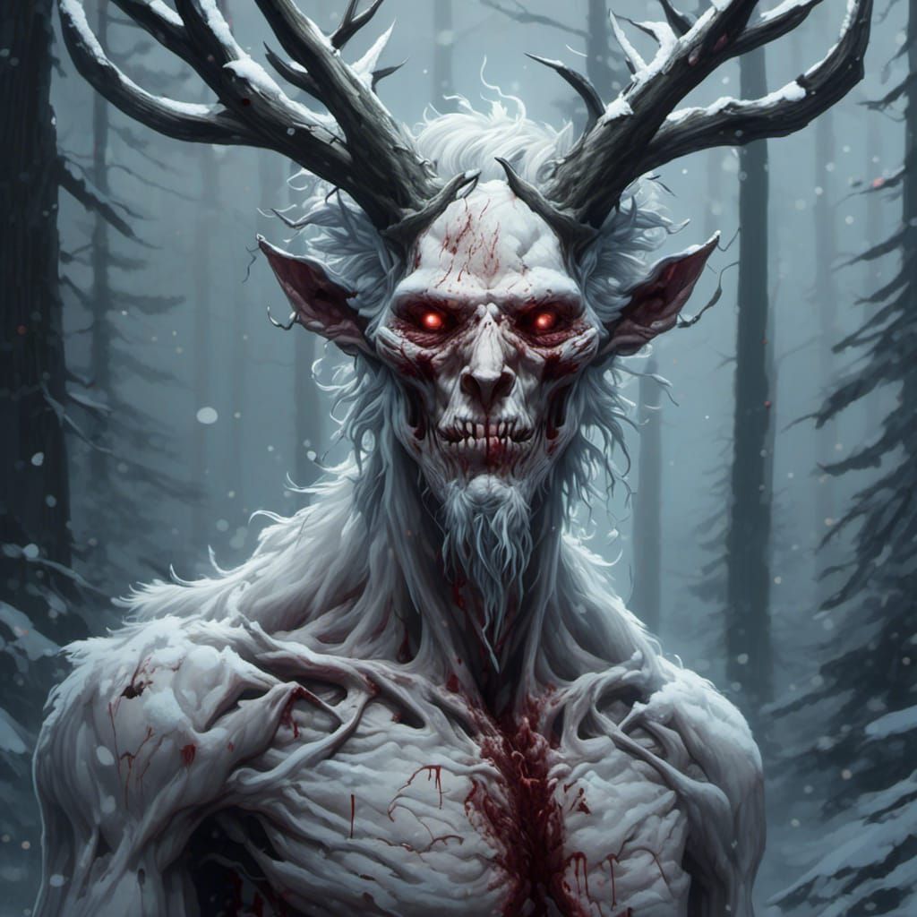 Horrific Wendigo in Snowy Forest: Digital Art