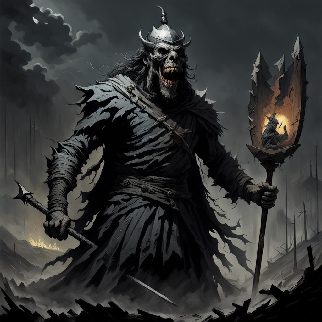 Giant Masked Figure with Spear in Horror Style