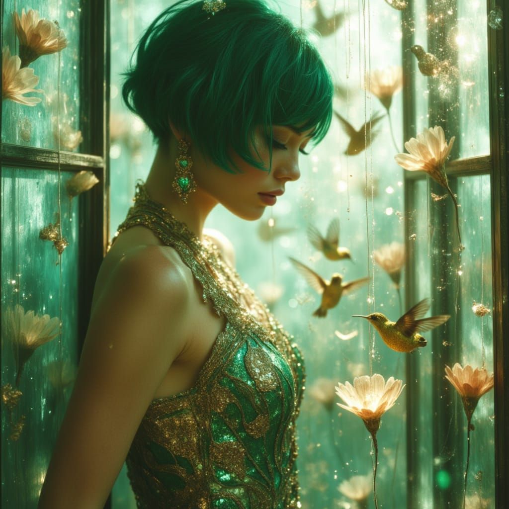 Woman in Iridescent Gown with Hummingbirds in Magical Greenh...