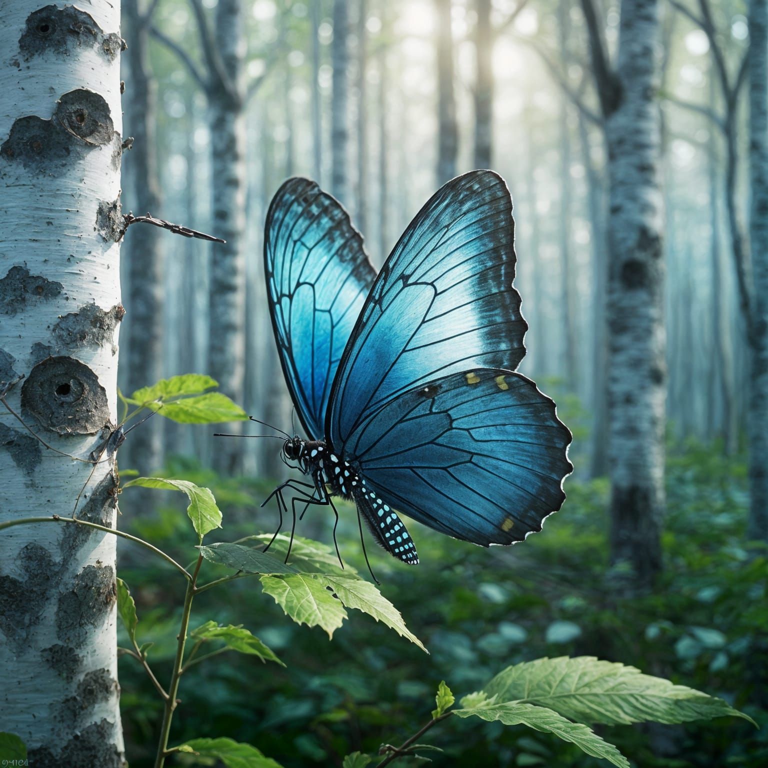 Macro Butterfly in Misty Birch Grove: 8K Digital Art
