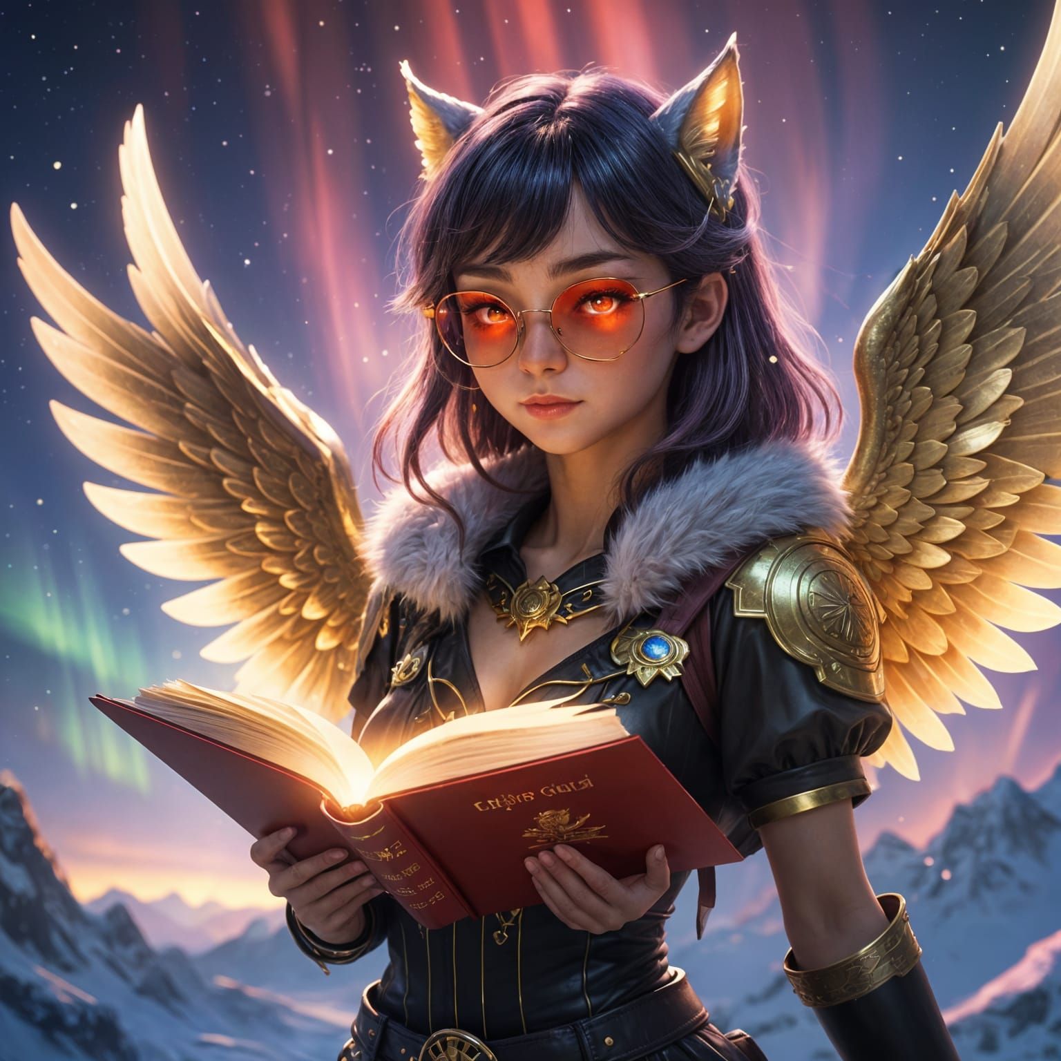 Mystical Catgirl Soars Above Vibrant Night Sky