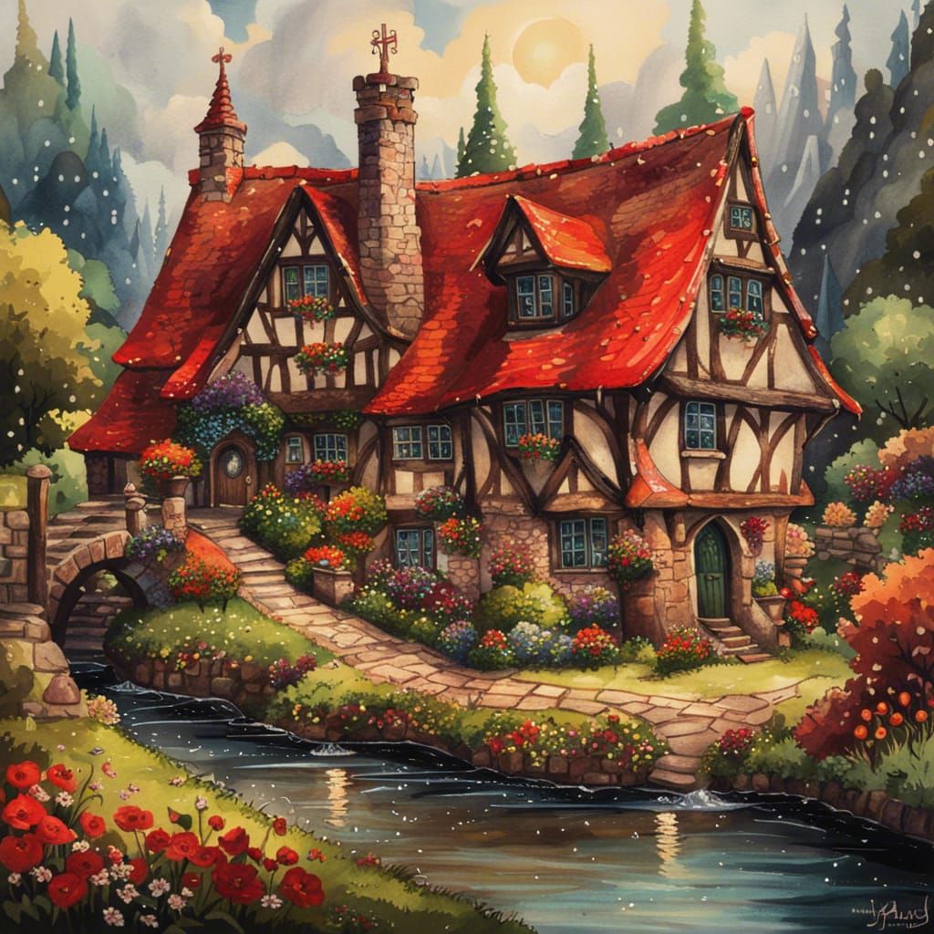 Fairytale English Village with Dark Forest, Watercolor