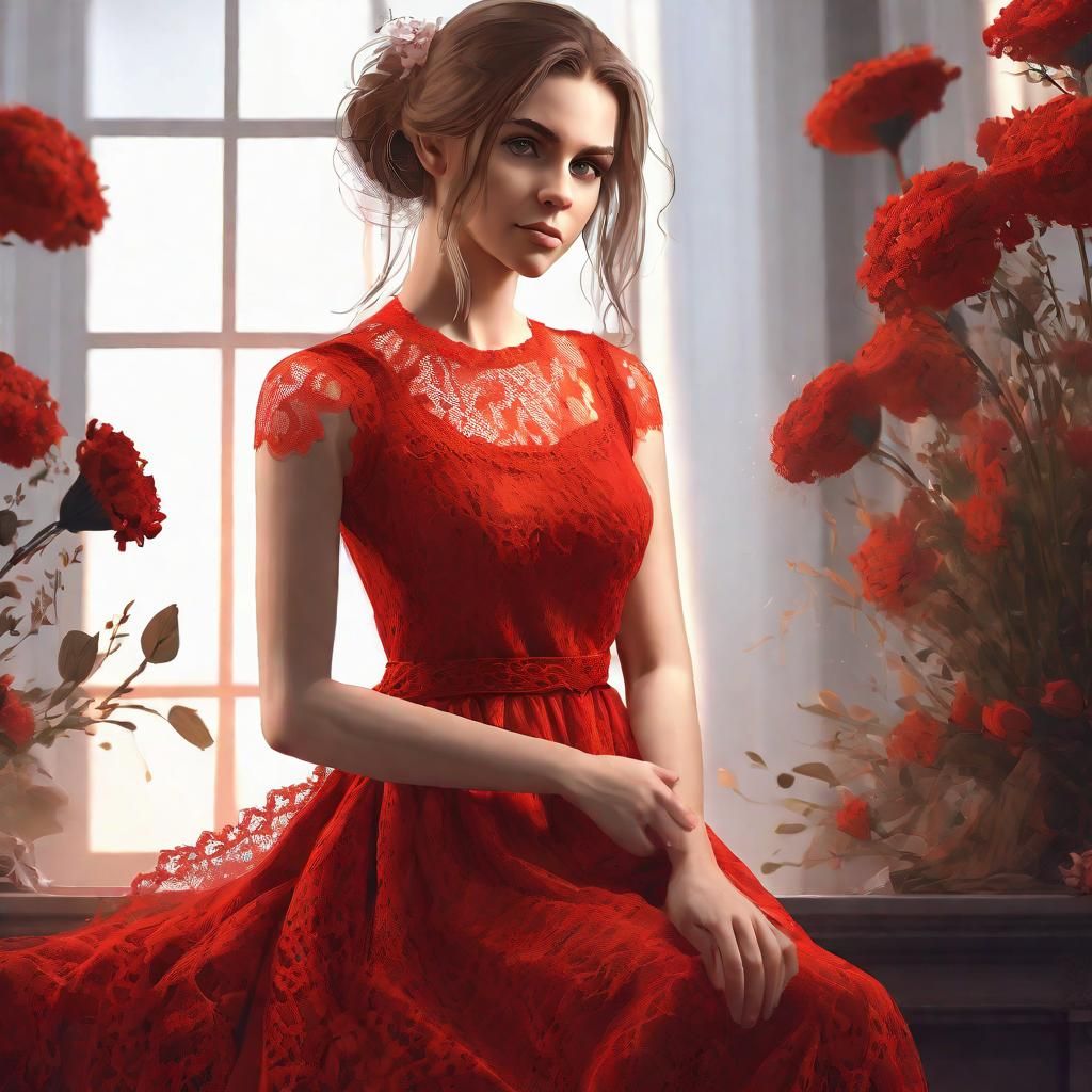 Young Woman in Red Lace Dress Portrait