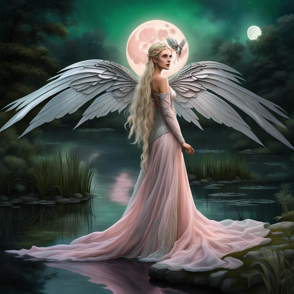 Fairy woman with very long blonde hair in a braid. Pale pink gown with large silver wings. She stands by a pond at night...