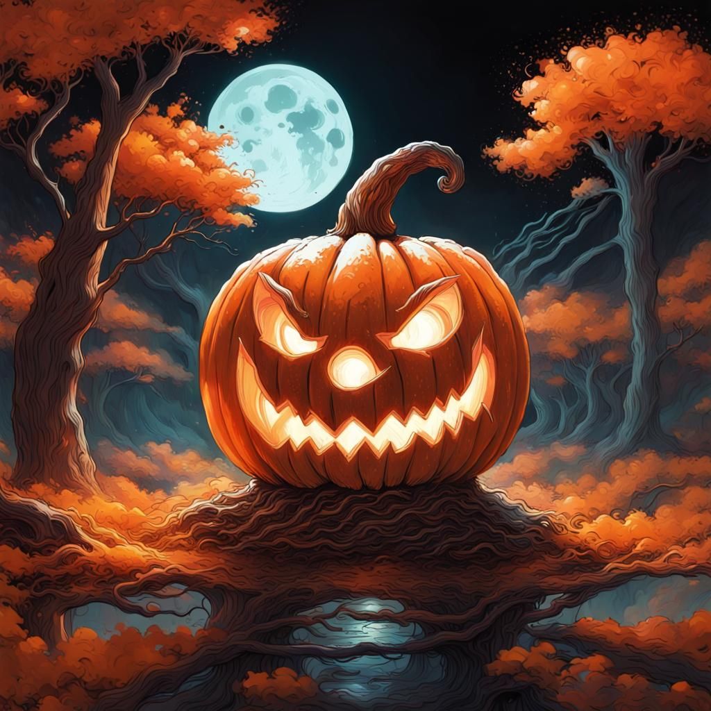 Scary Carved Pumpkin with Spooky Face in Moonlight