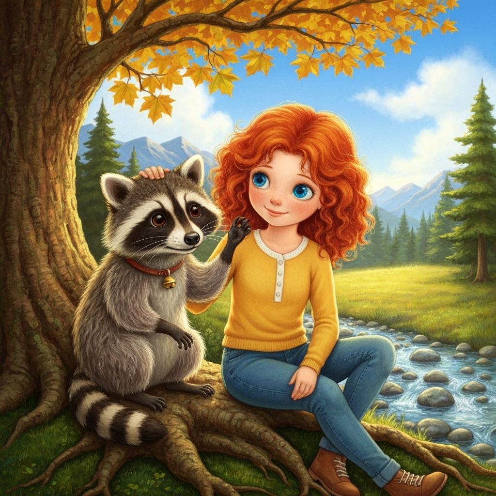 Girl and Raccoon in Forest, Whimsical Illustration