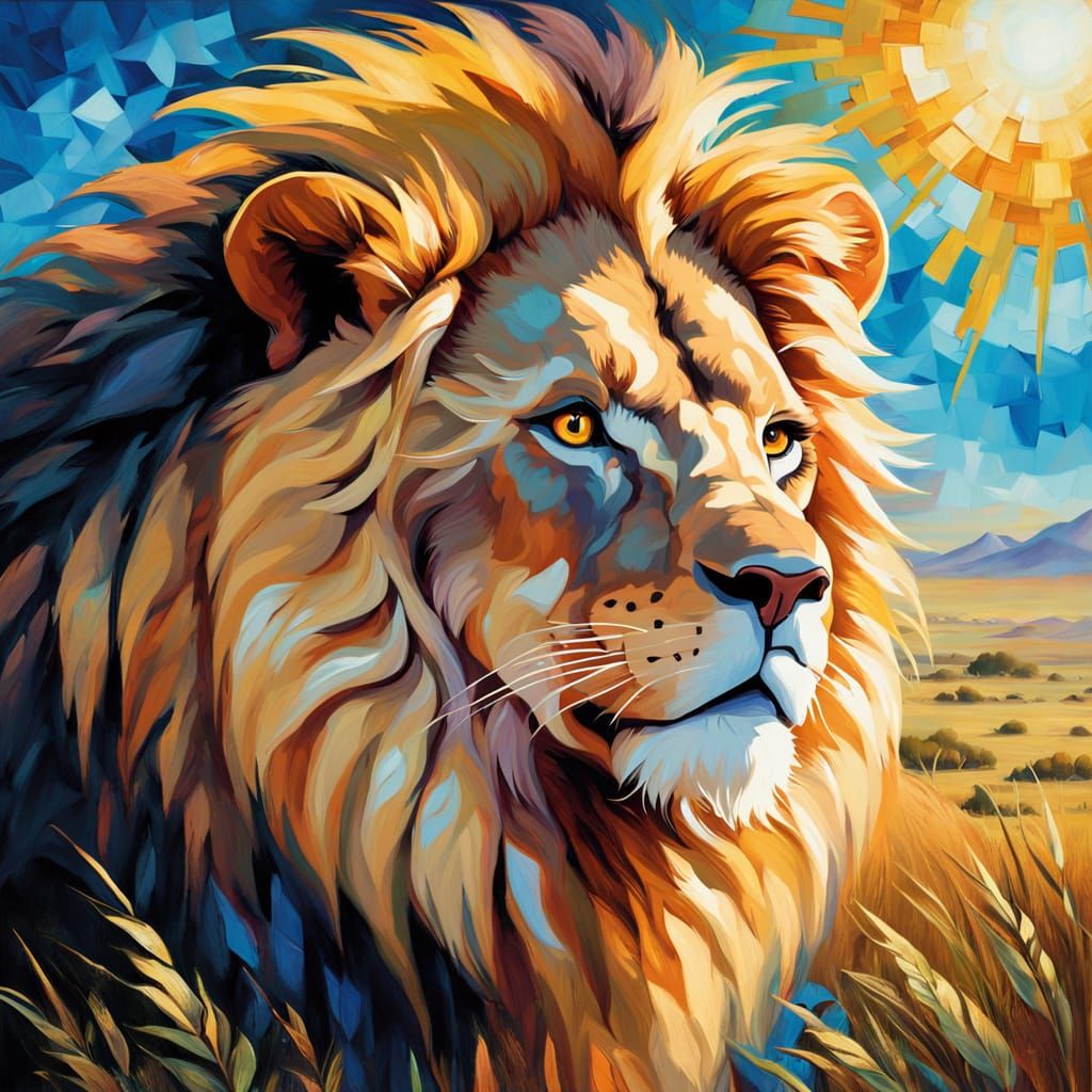 Regal Lion in Sunlit Savannah Oil Painting