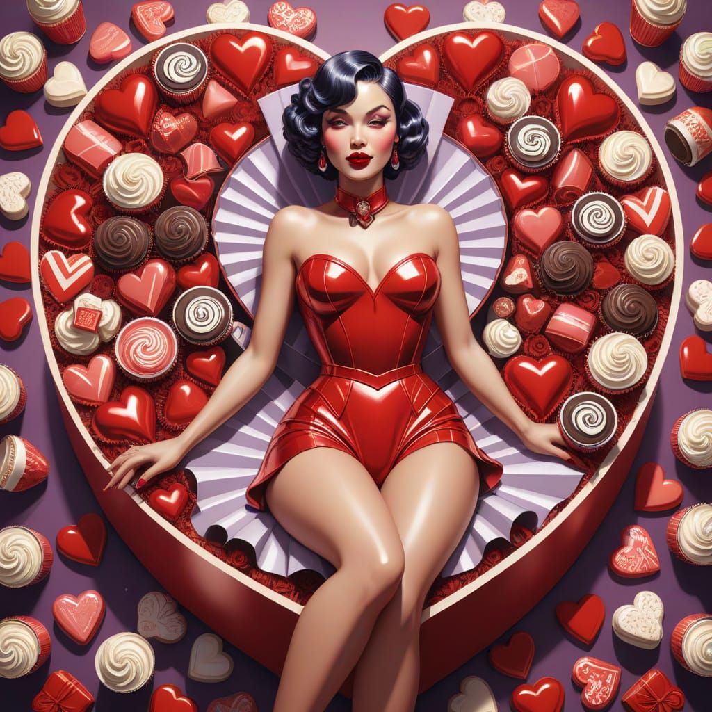 Playful Pinup in a Giant Heart-Shaped Chocolate Box: A Vibra...