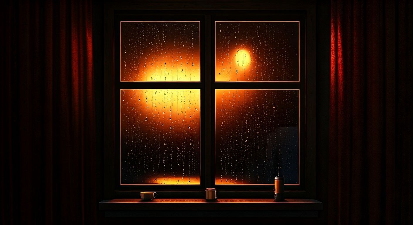 Surreal Tavern Window on Rainy Night with Bold Colors