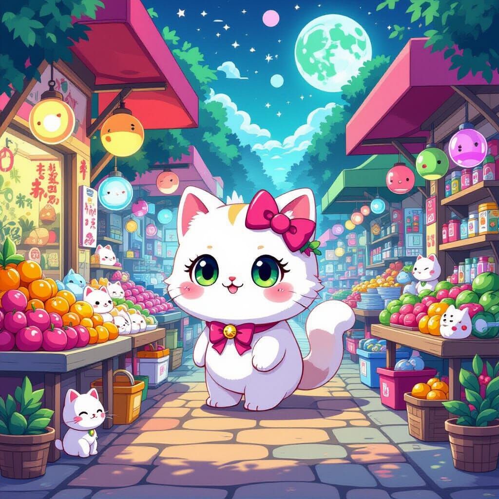 Alien Market with Cat in Kawaii Sanrio Style